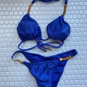 Royal blue VIX bikini with gold mesh accents